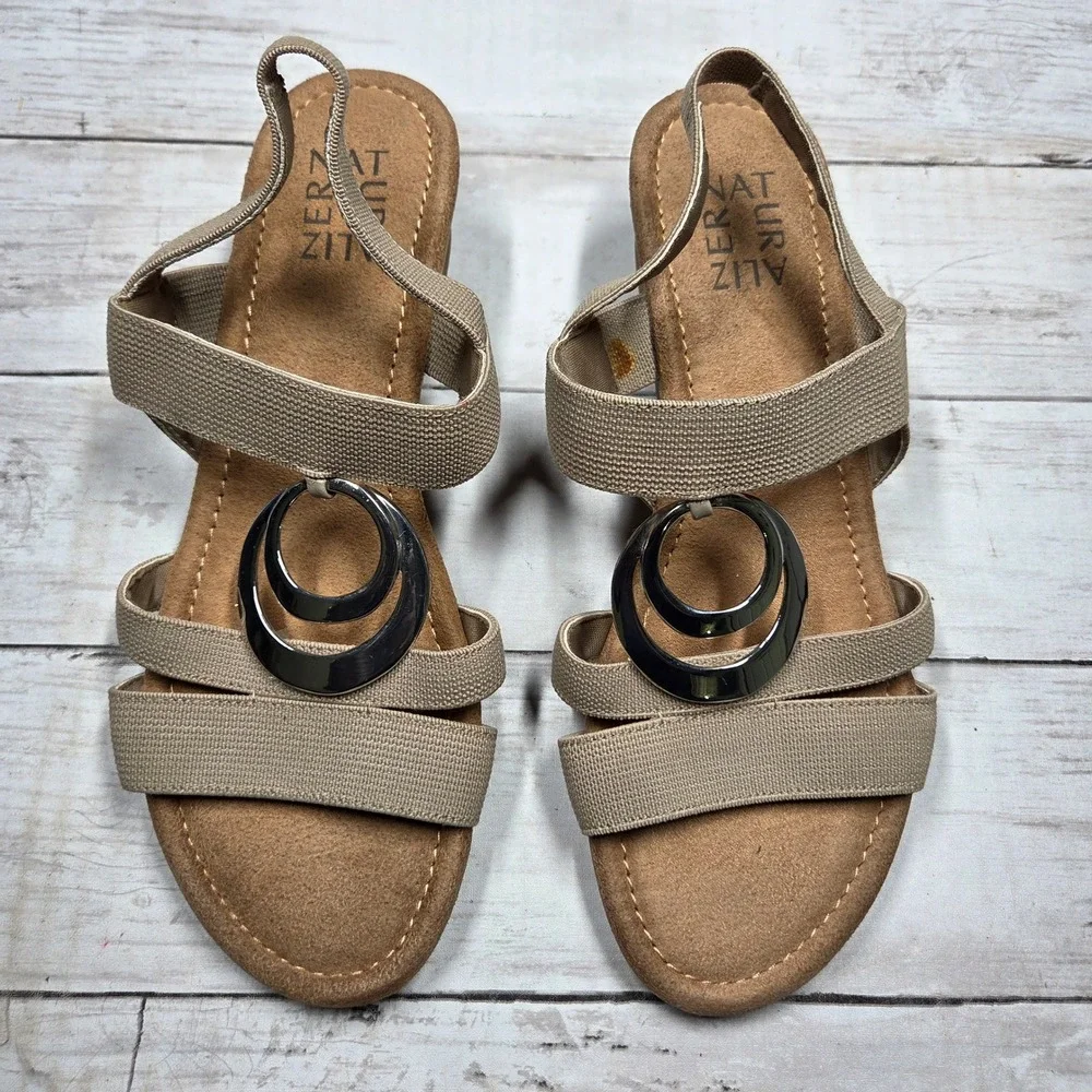 Naturalizer Galaxy Wedge Sandals Elastic Slingback Women 9M Taupe Silver Ring